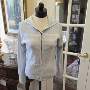 BCBG Maxazria Light Blue White Zip-Up Hoodie Sweater Knit Size Large Excellent